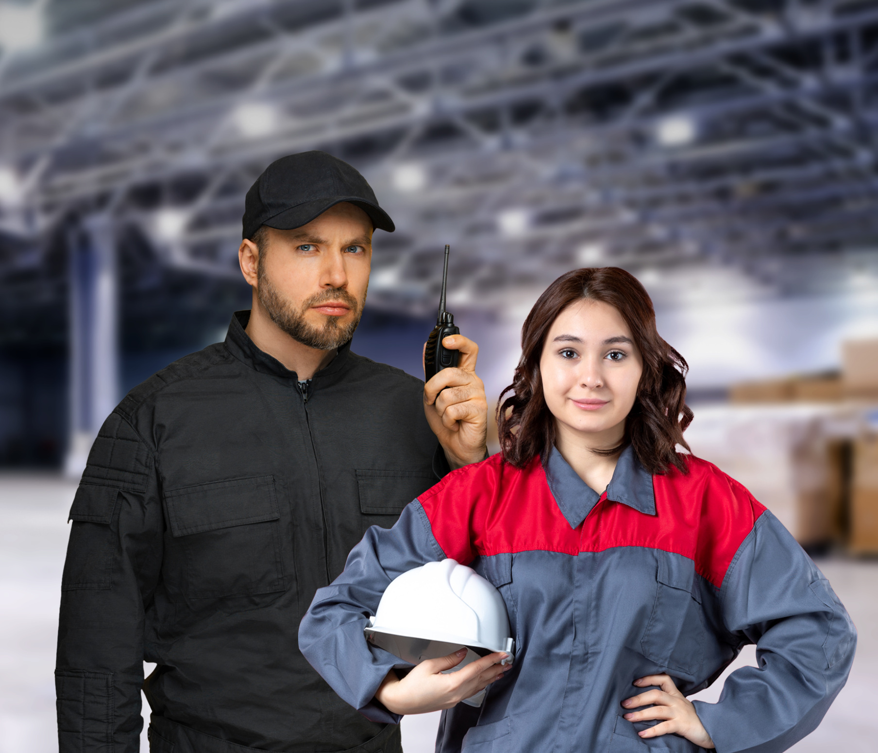 Equipo de trabajo equipado con vestuario de seguridad en una bodega